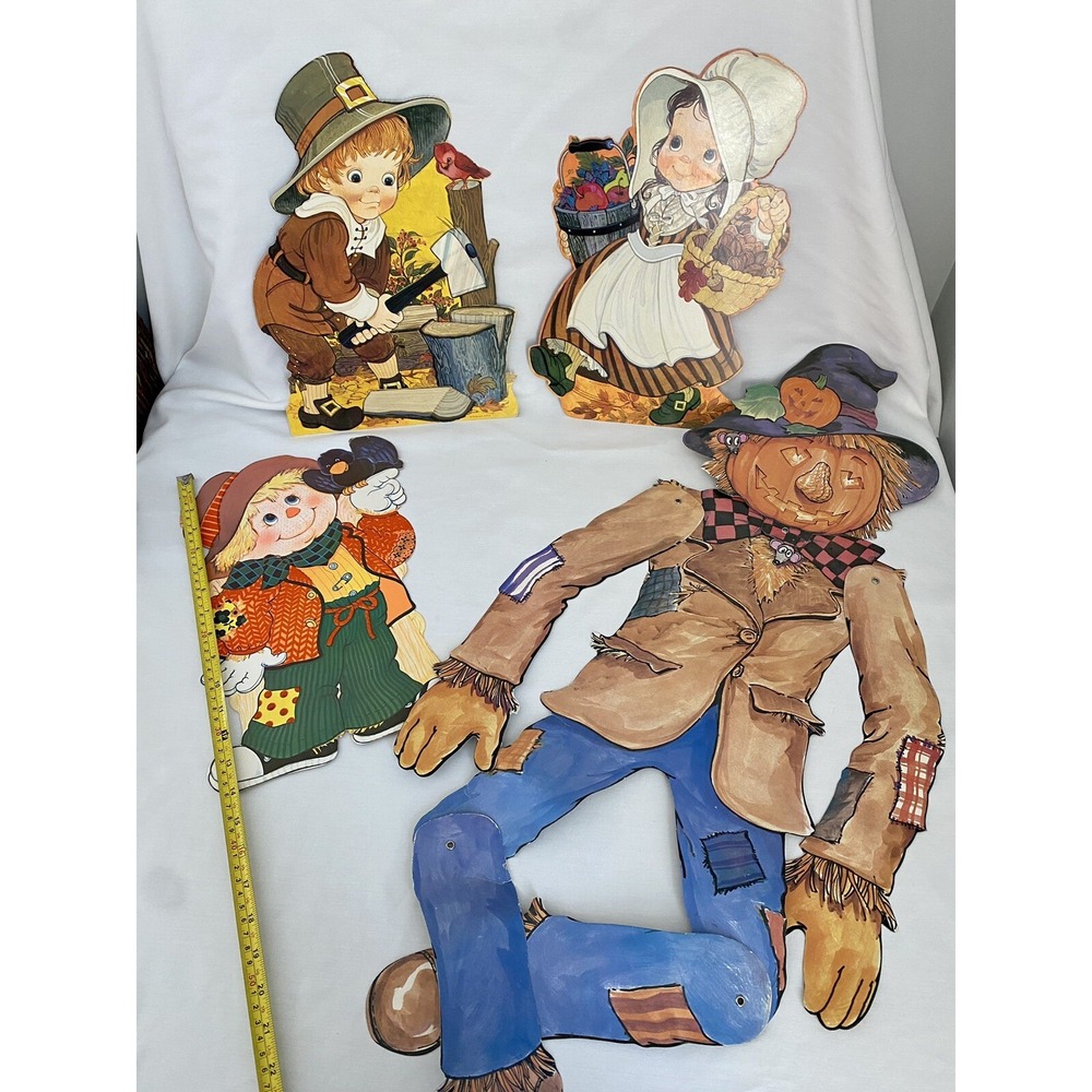 4 Vtg Die Cut Paper  Cut Outs Fall Thanksgiving Halloween scarecrow Wall